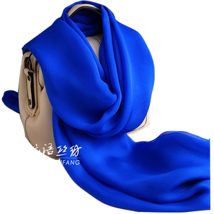 百搭宝蓝色杭州桑蚕丝围巾纯色女长款真丝丝巾纱巾春秋冬夏季披肩