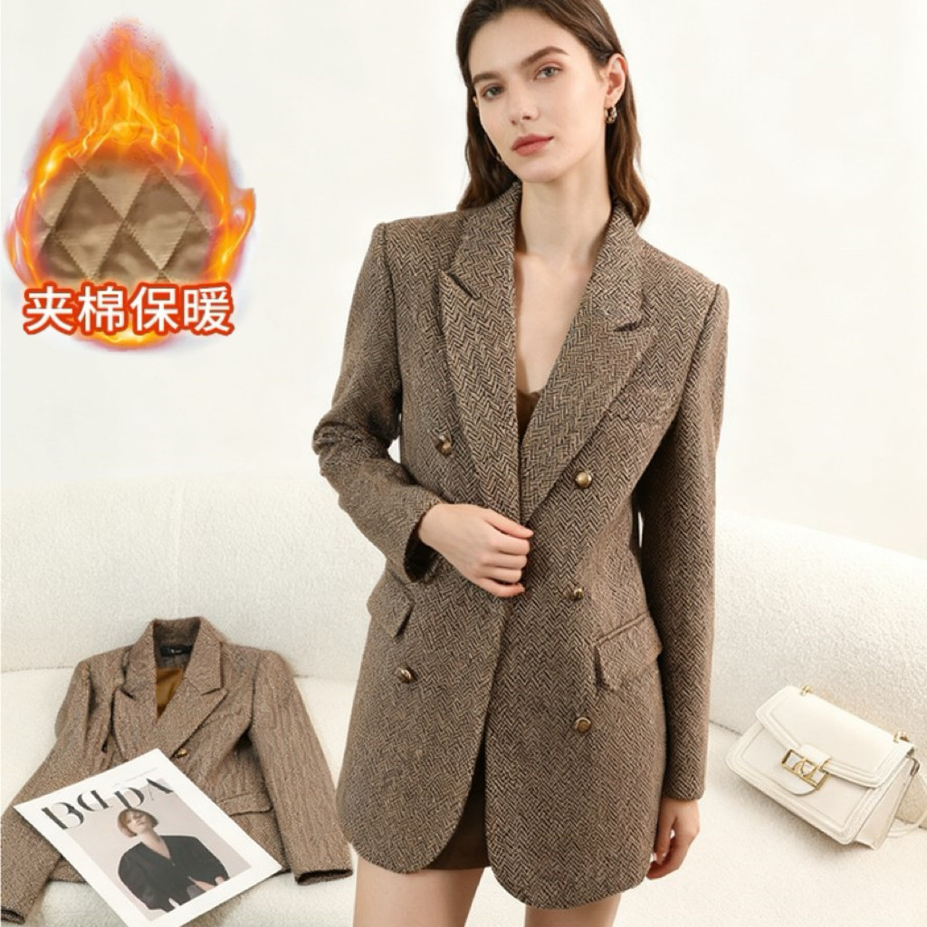 毛呢西装外套女秋冬夹棉职业装新款小个子休闲显瘦羊毛西服加厚冬