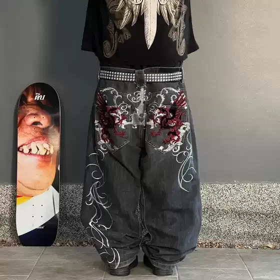 American Retro High Street Gothic Hip Hop Jeans Y2K Trendy Street Hip Hop Straight Loose Wide-Leg Pants