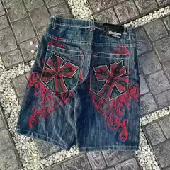Retro High-Street Hip-Hop Embroidered Denim Shorts Loose Casual Wide-Leg Five-Point Pants