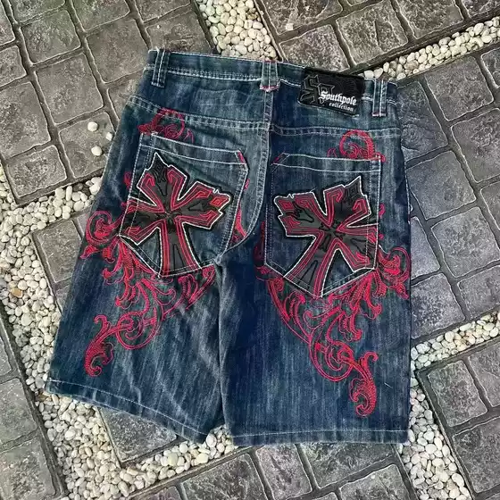 Retro High-Street Hip-Hop Embroidered Denim Shorts Loose Casual Wide-Leg Five-Point Pants