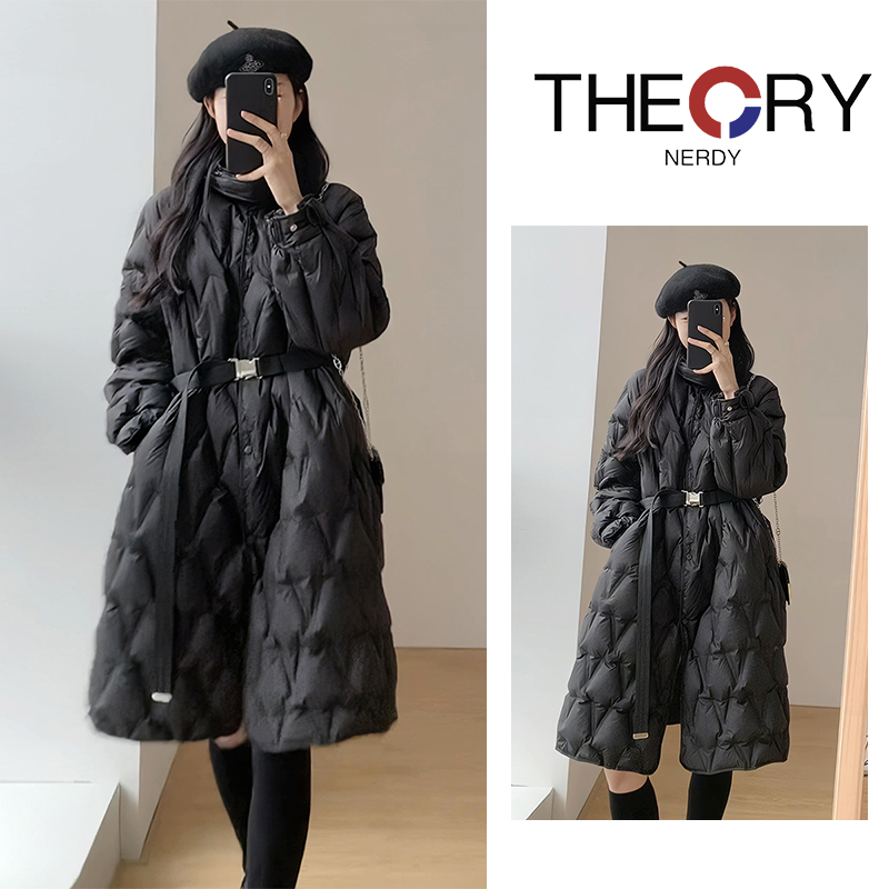 Theory Nerdy冬季轻薄羽绒服女中长款过膝加厚系带收腰面包服外套