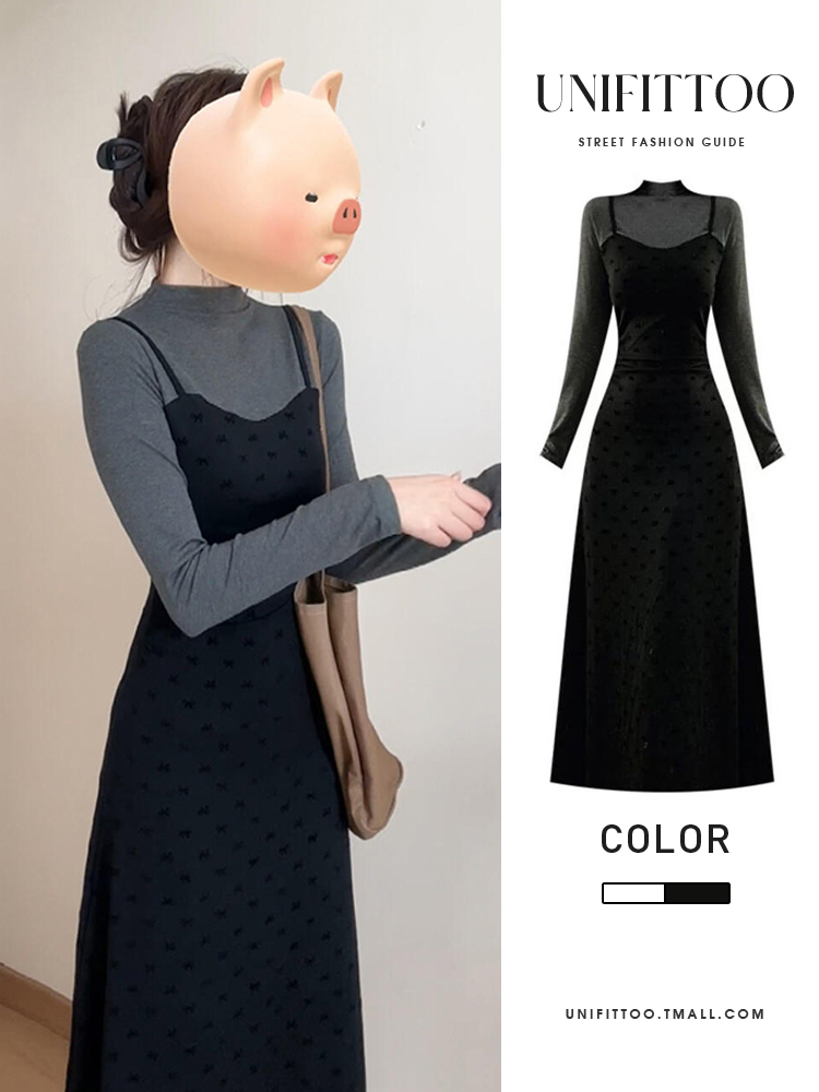 巨好看假两件吊带长袖连衣裙子女2025早秋季新款大方得体绝美长裙