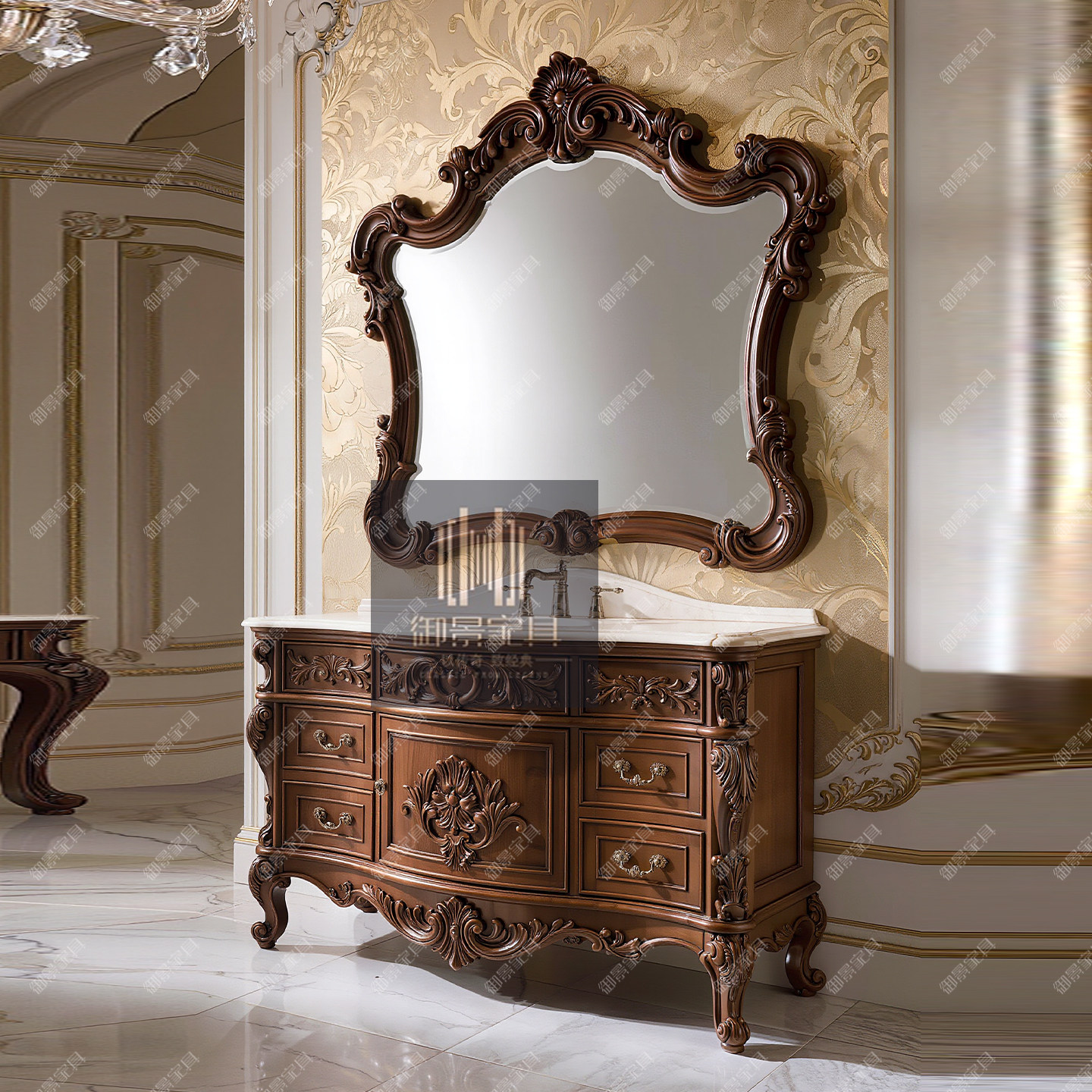 美式古典做旧浴室柜浴室镜组合欧式雕花靠墙洗漱柜洗手盆家用柜子