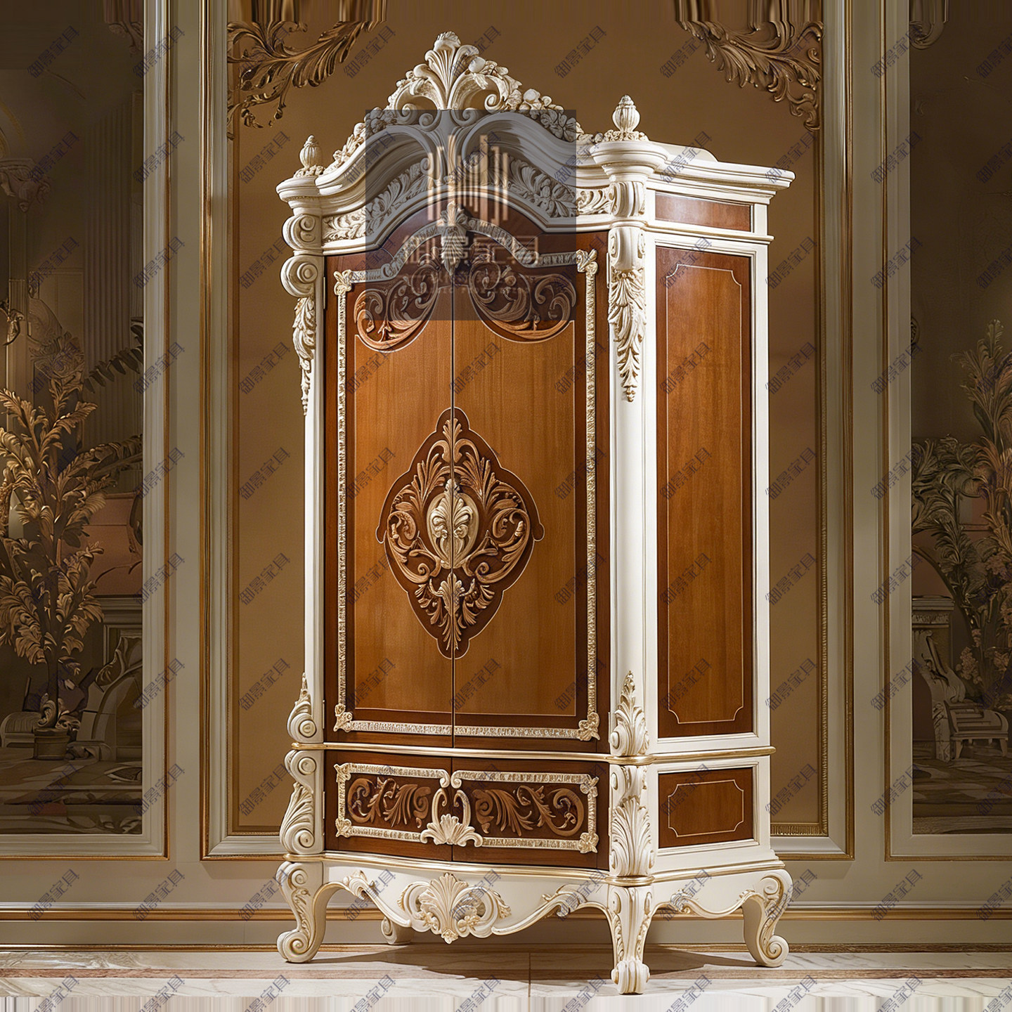 欧式复古双门衣柜巴洛克实木雕花对开门收纳柜衣帽间橱柜定制家具