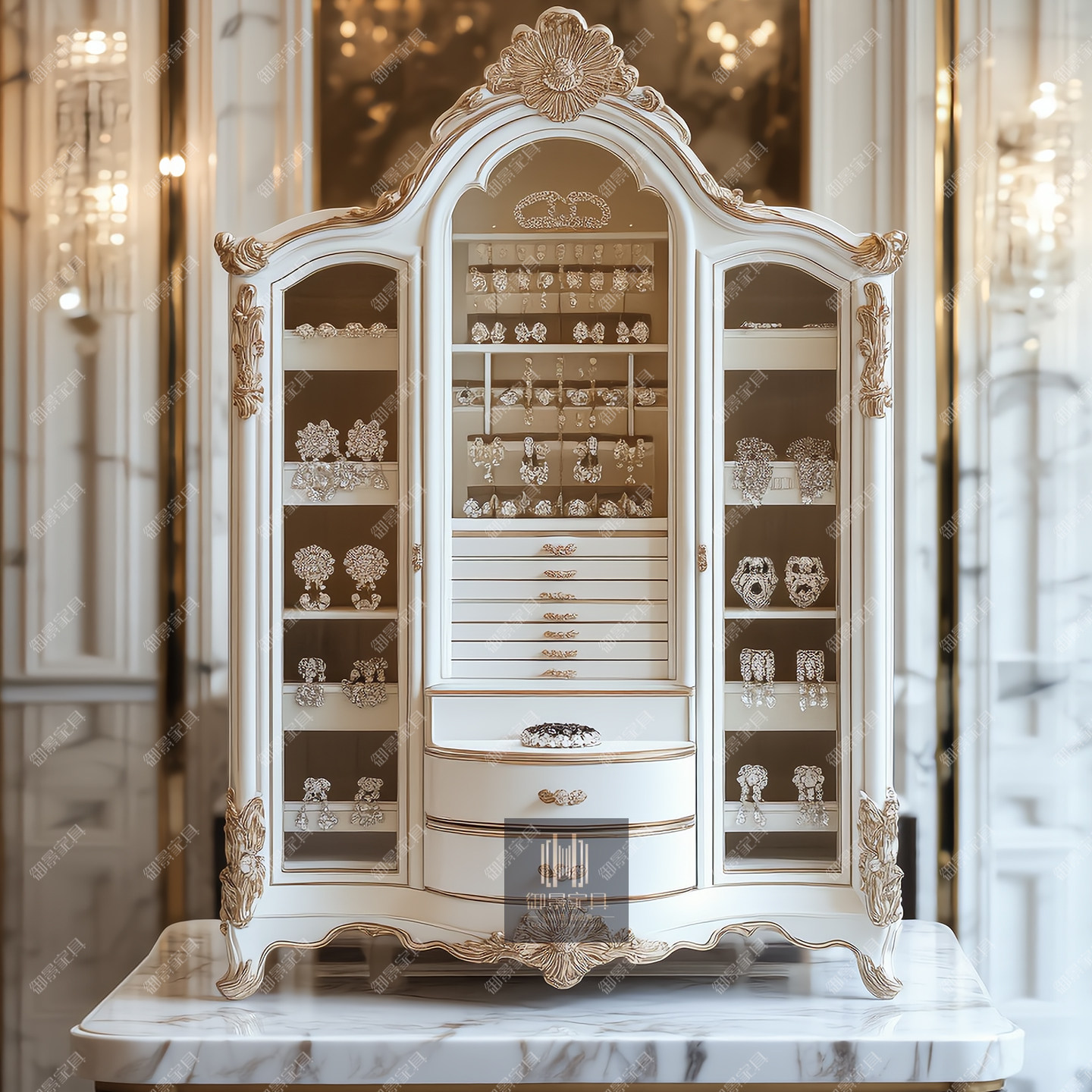 法式象牙白实木斗柜欧式复古雕花储物柜珠宝首饰收纳柜卧室装饰柜