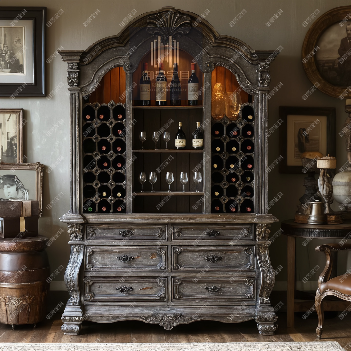 法式实木酒柜欧式古典雕花红酒柜客厅装饰柜储物柜餐厅餐边柜定制