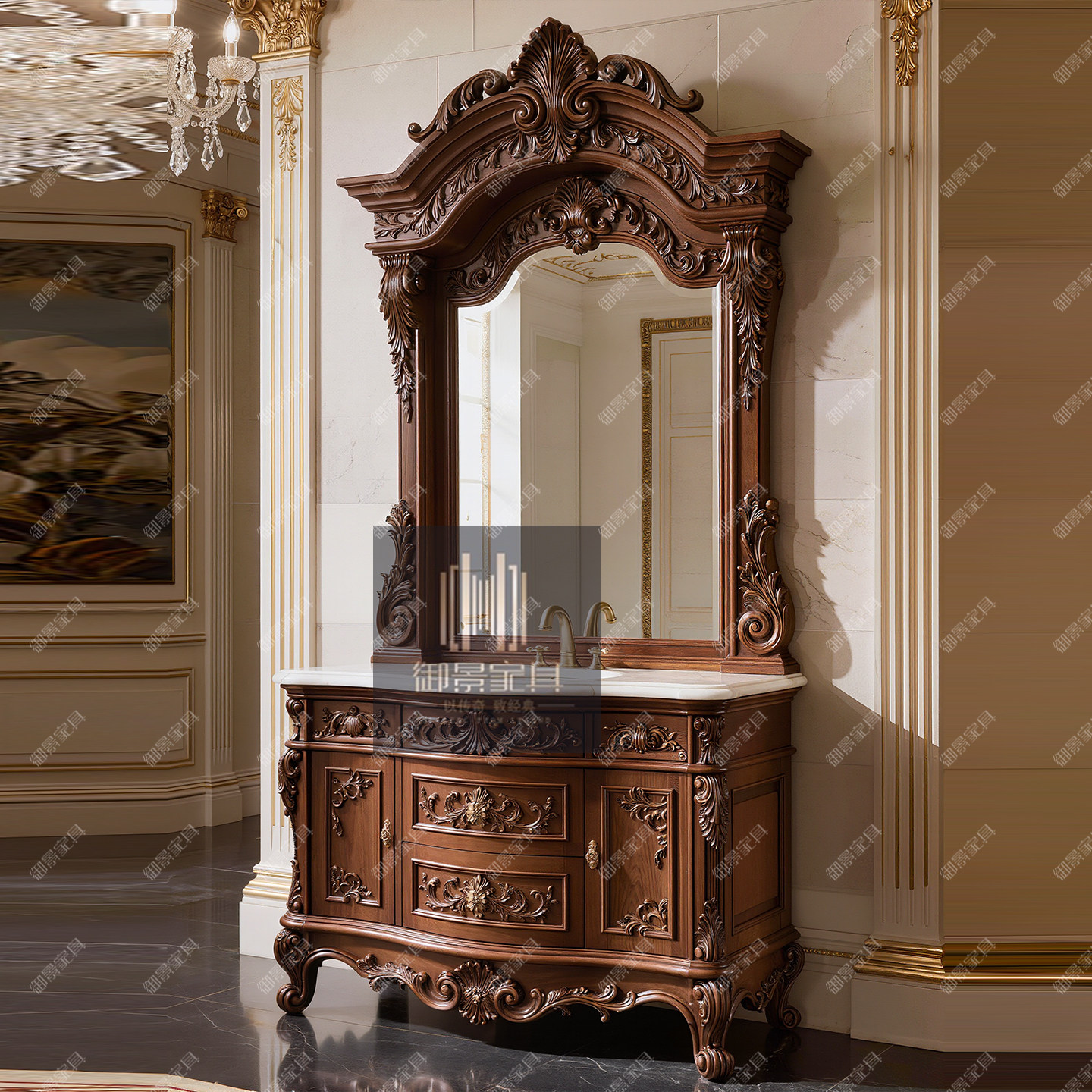 美式实木浴室柜浴室镜组合单盆内嵌洗漱柜洗手台别墅家用卫浴柜子