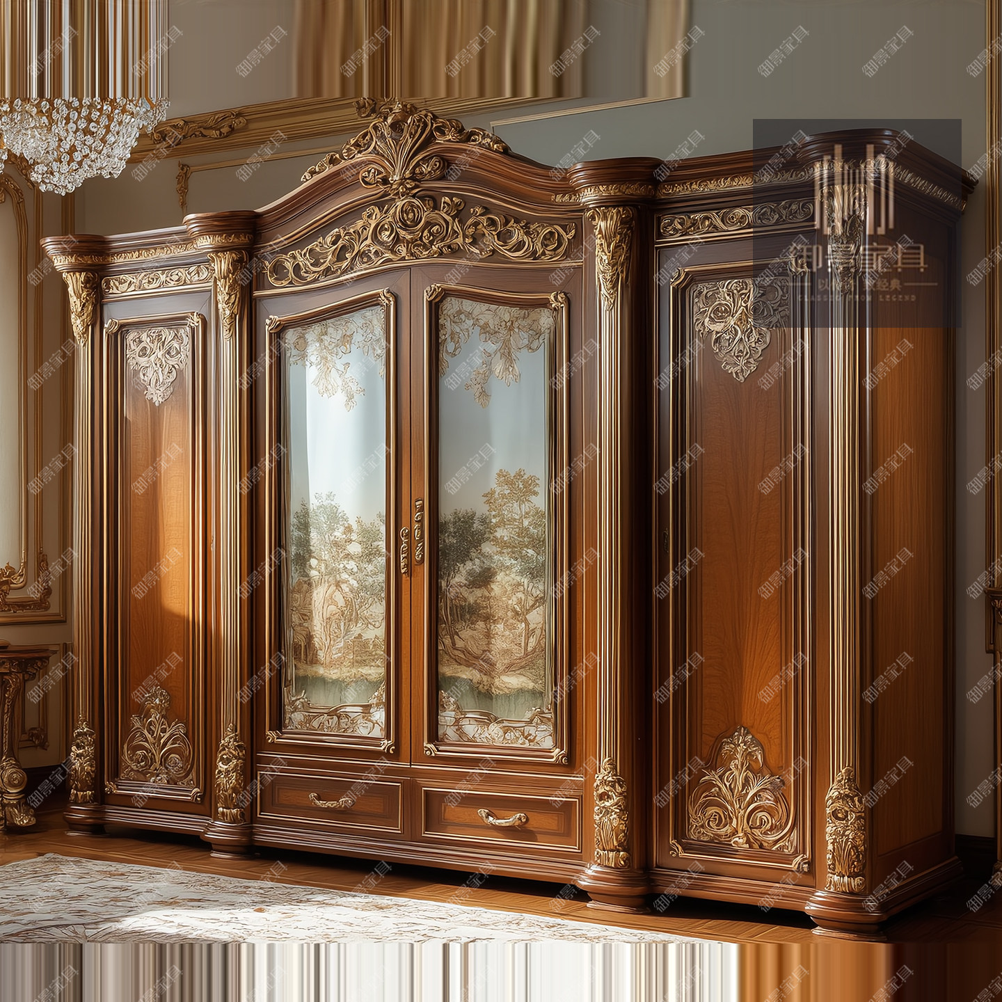 美式实木衣柜欧式古典四门衣柜金箔烤漆展示柜装饰柜法式衣帽间柜