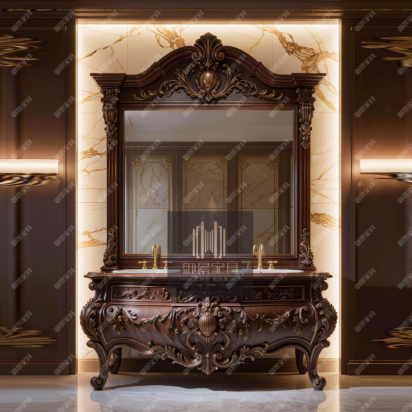 美式古典双盆浴室柜欧式雕花组合卫浴柜洗手洗漱柜卫生间装饰柜子