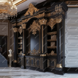 哥特风实木书柜欧式 饰柜子别墅书房家具 雕花金箔做旧烤漆展示柜装