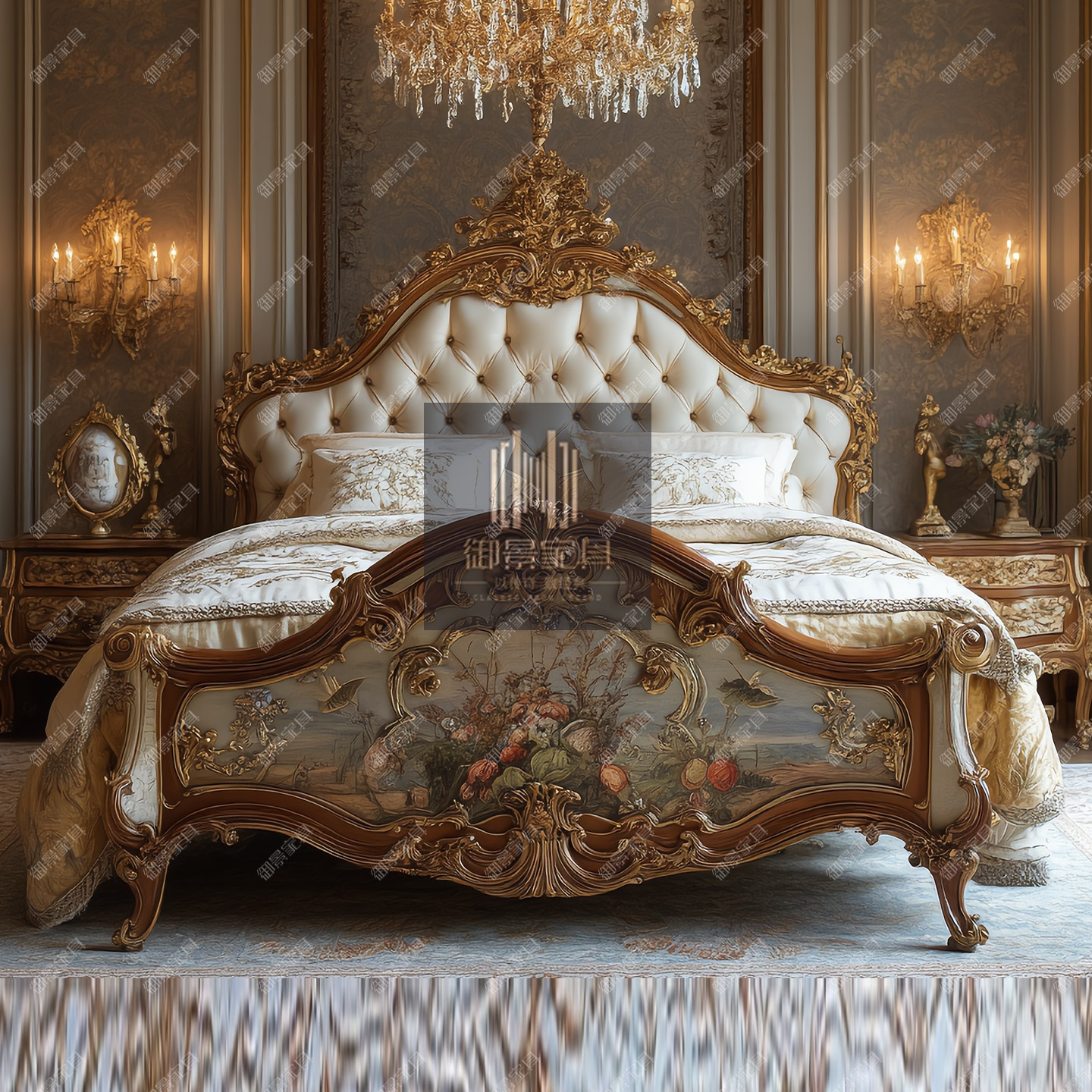 法式巴洛克实木双人床欧式真皮雕花彩绘大床别墅主卧床公主床定制