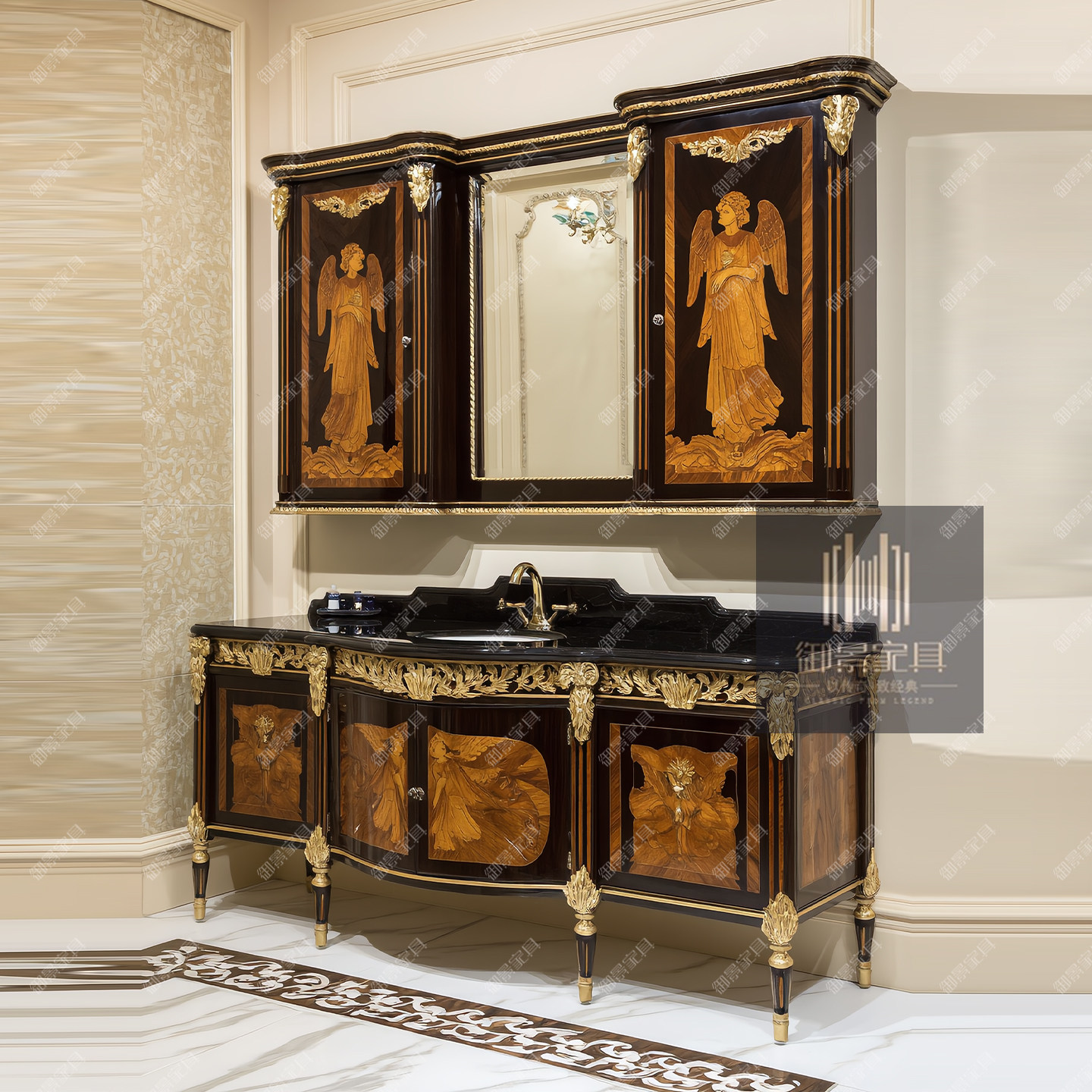 欧式实木浴室柜法式古典拼花卫浴柜卫生间洗漱台洗手盆柜组合定制