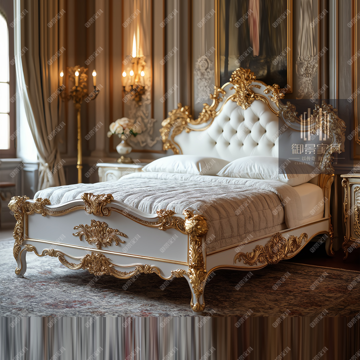 纯白色亮光双人床欧式雕花金箔烤漆实木床法式宫廷真皮大床婚床