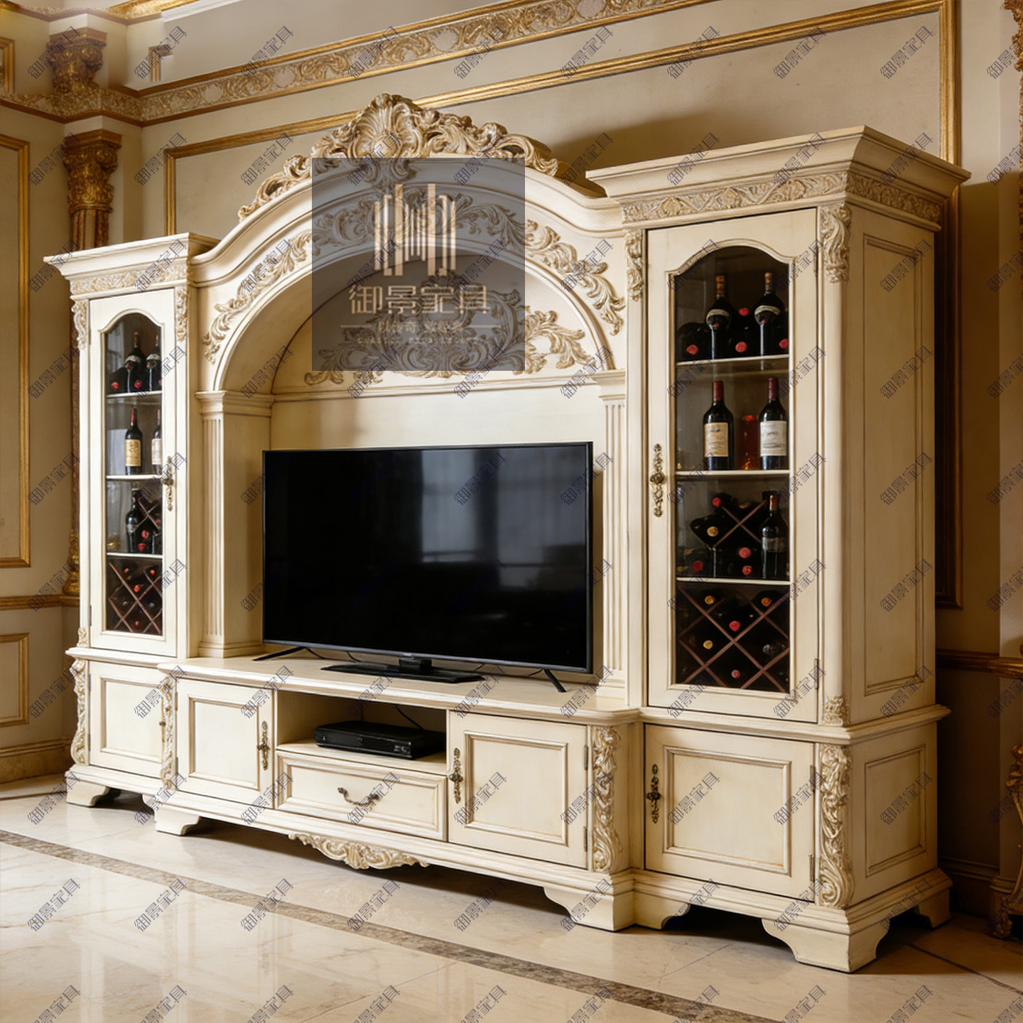 美式实木电视柜欧式复古雕花客厅别墅影视柜组合法式奢华展示柜子