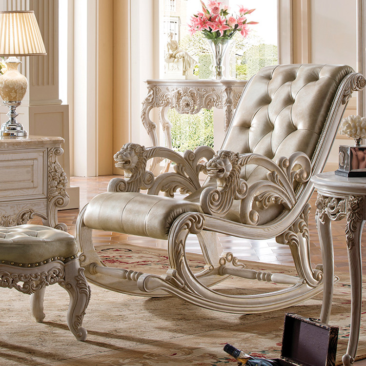 欧式全实木真皮摇椅水曲柳高档躺椅午睡椅子老人休闲椅客厅椅子