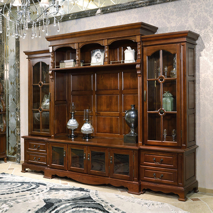 美式组合电视柜客厅背景墙展示柜欧式高档实木视听柜书柜书架定制