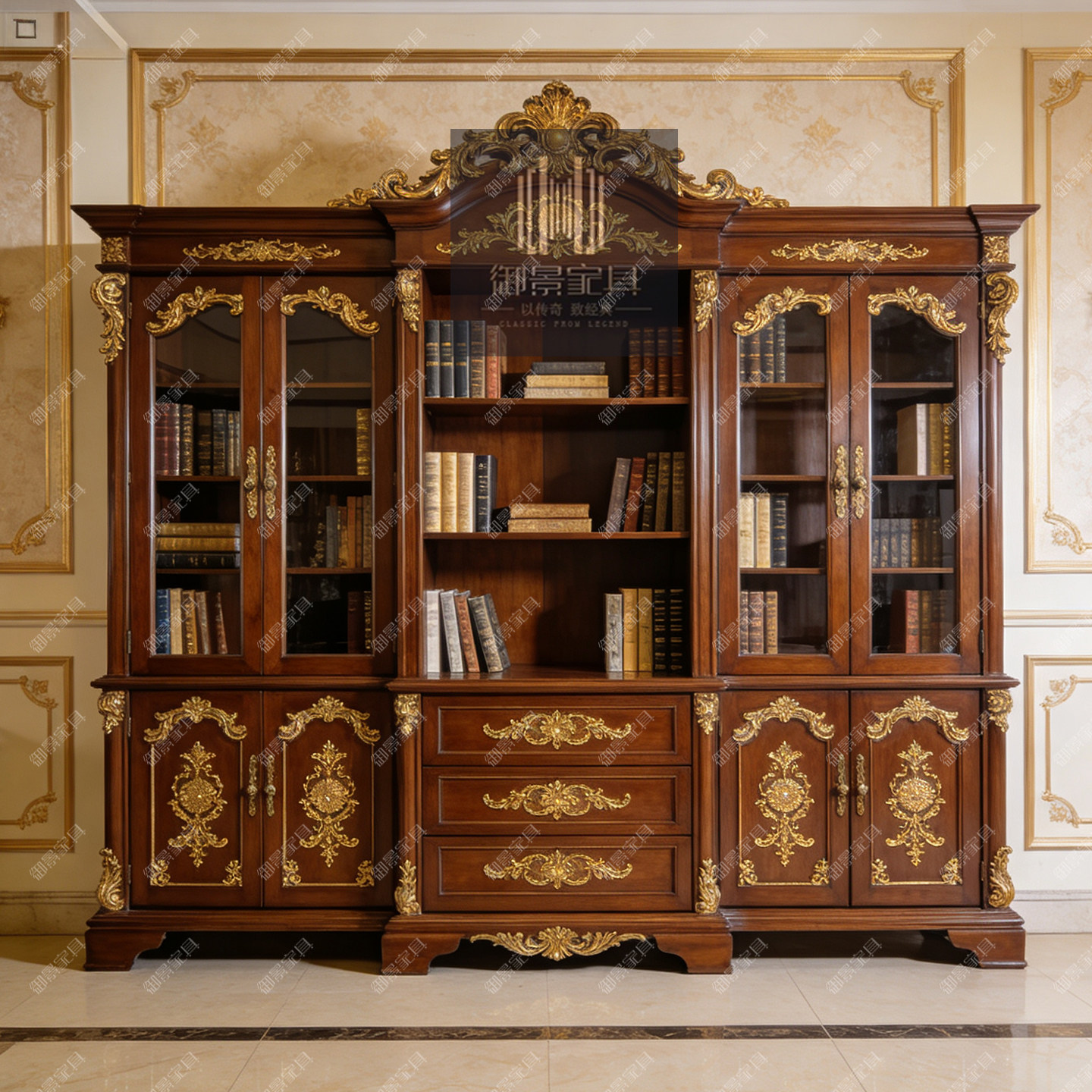 美式实木书柜欧式复古雕花书架组合储物柜收纳柜客厅靠墙一体柜子
