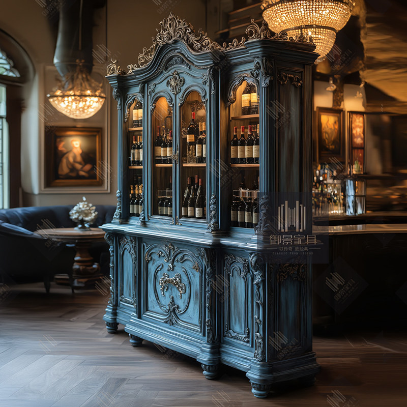 欧式宫廷奢华组合酒柜法式巴洛克做旧蓝色复古展示柜装饰柜子定制