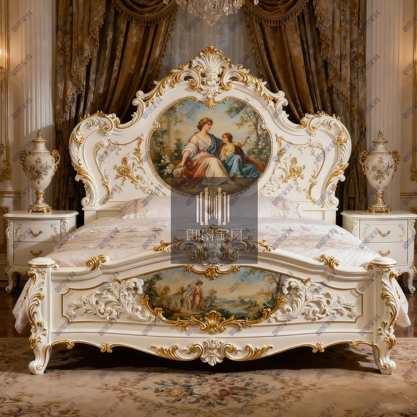 法式白色公主床欧式雕花彩绘双人床意大利风格婚床巴洛克金箔床