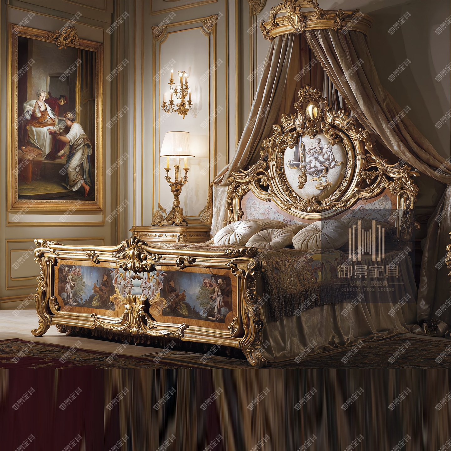 法式巴洛克古典大床雕花双人床意大利奢华彩绘床主卧婚床别墅家具