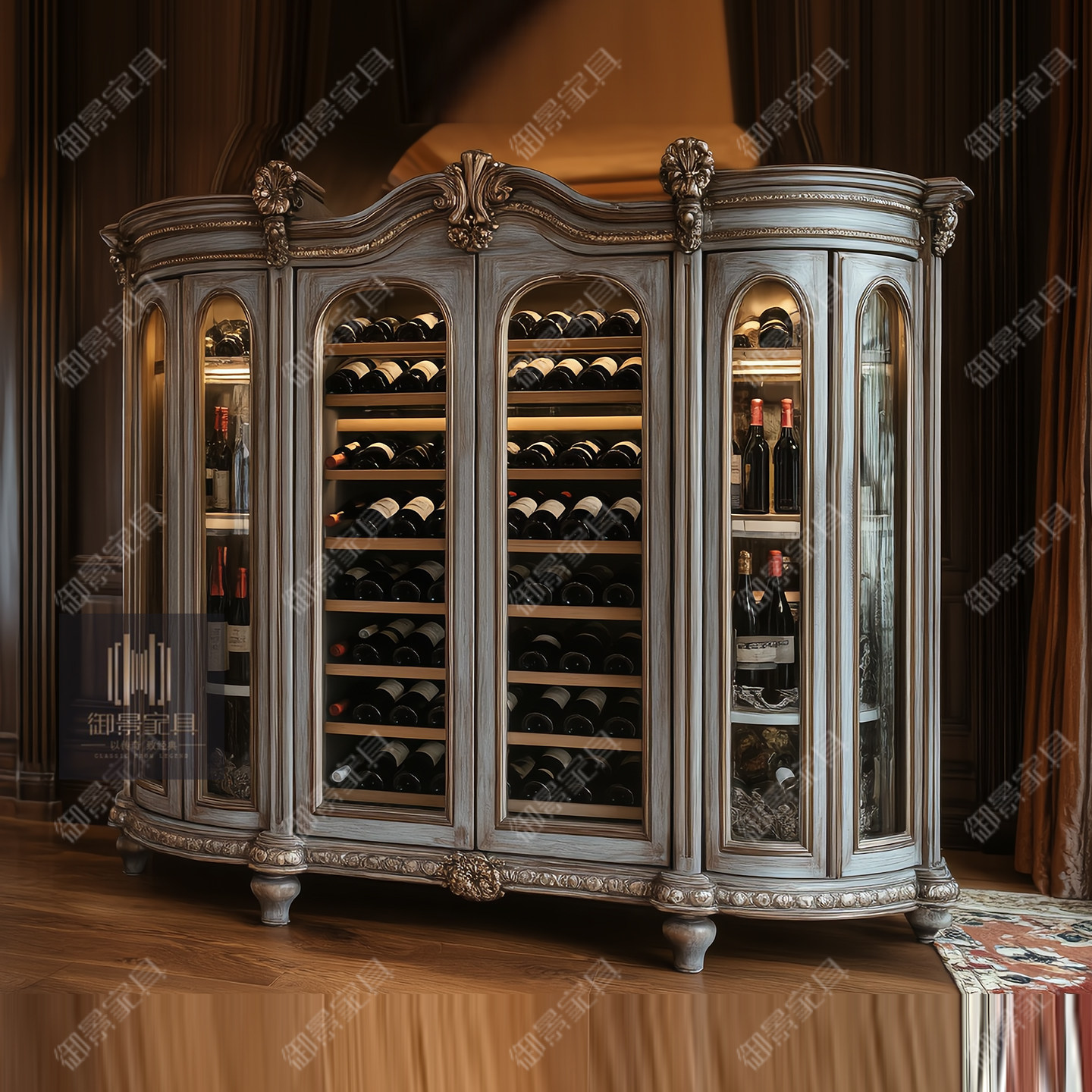 高级灰做旧组合酒柜法式复古六门展示柜名酒茶叶古董奢侈品收藏柜