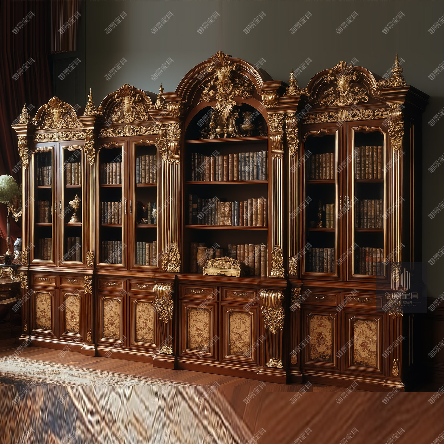 法式巴洛克组合书柜书架欧式古典收纳柜古董陶瓷名酒靠墙一体柜子