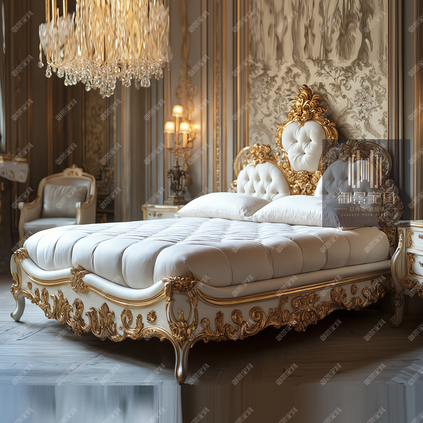 纯白色烤漆双人床欧式雕花金箔实木床法式古典奢华大床婚床别墅床