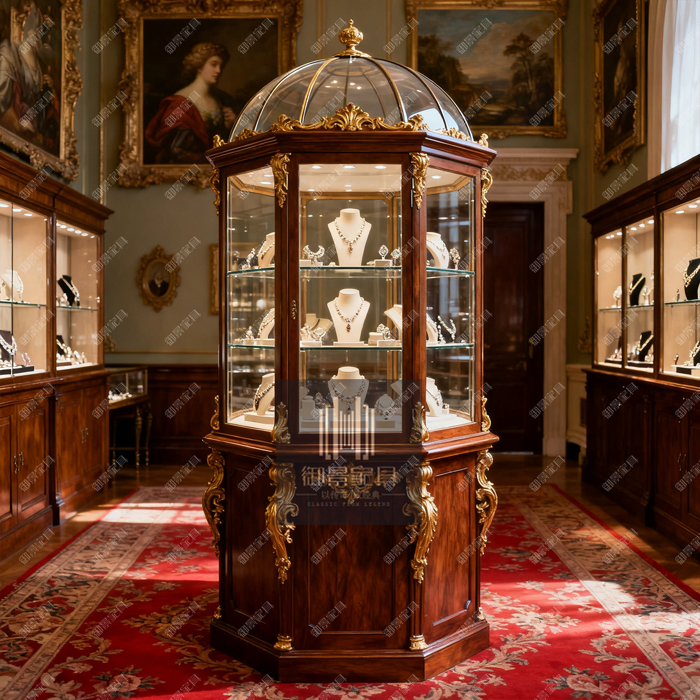 美式圆形书柜欧式复古雕花珠宝首饰古董陶瓷名酒奢侈品展示收纳柜