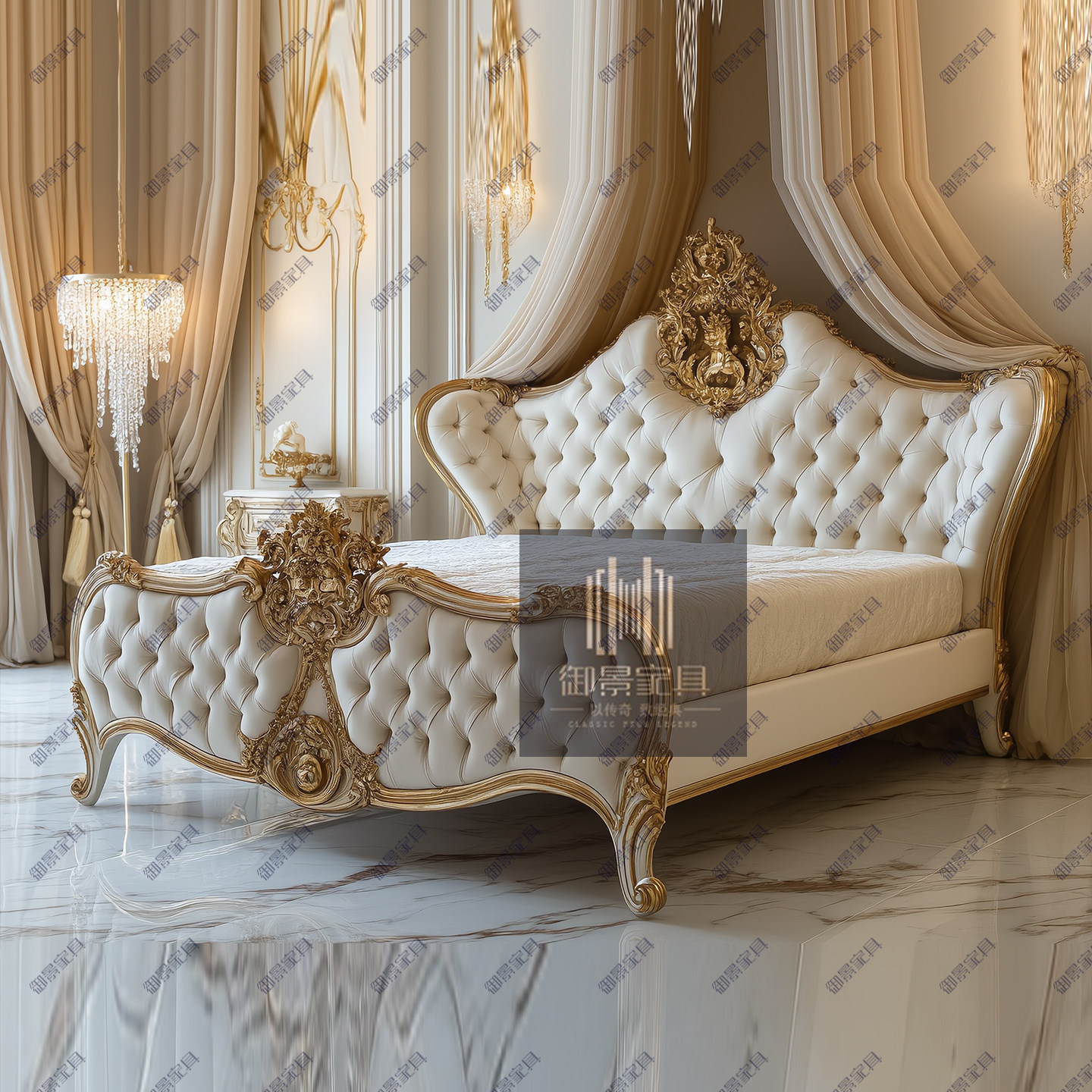 欧式双人床主卧婚床真皮床白色金箔烤漆家具别墅奢华高端贵族床