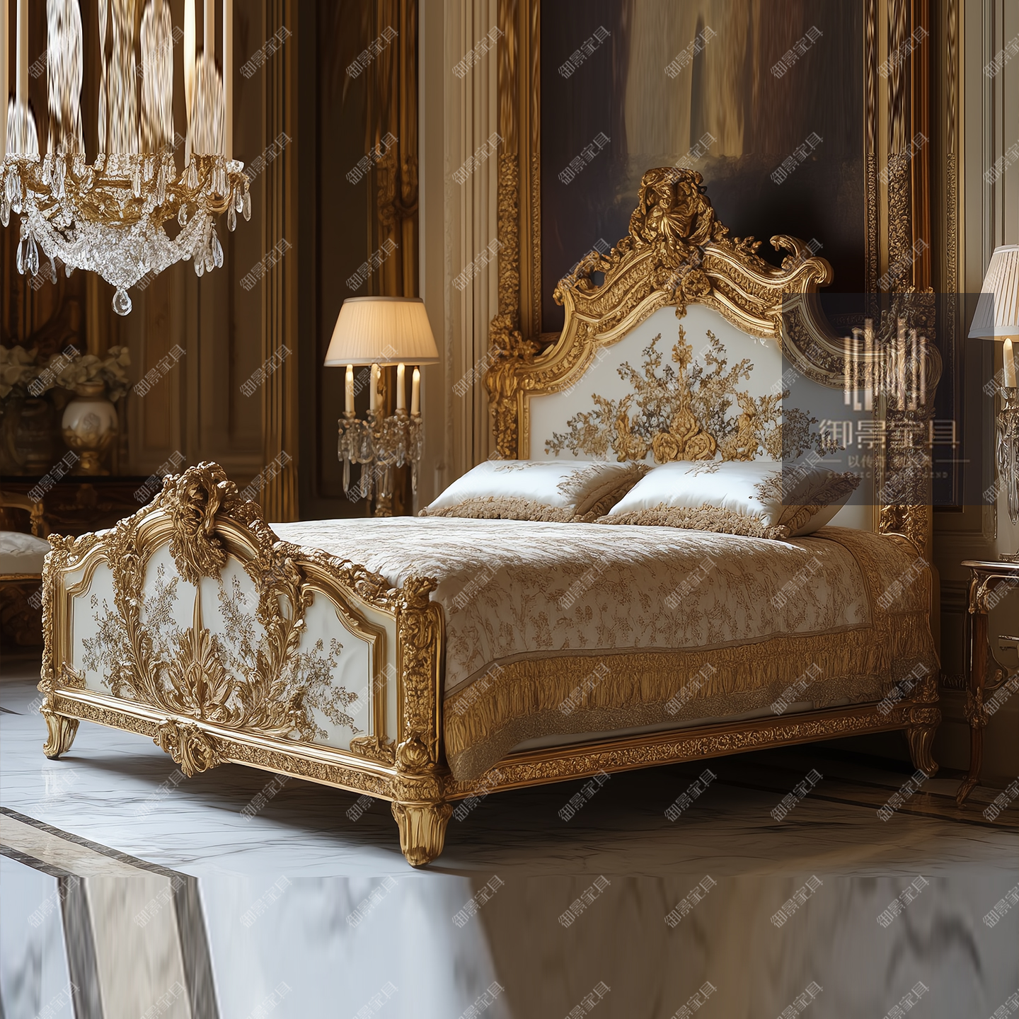欧式双人床法式宫廷皇帝床别墅豪宅大户型主卧实木床彩绘金箔家具