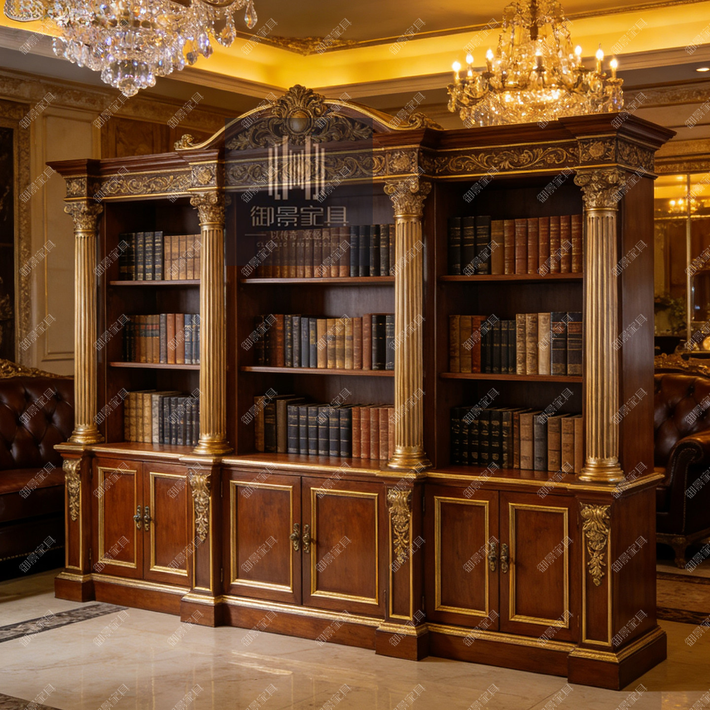 法式奢华组合书柜书架欧式雕花烤漆金箔做旧展示柜靠墙一体柜子