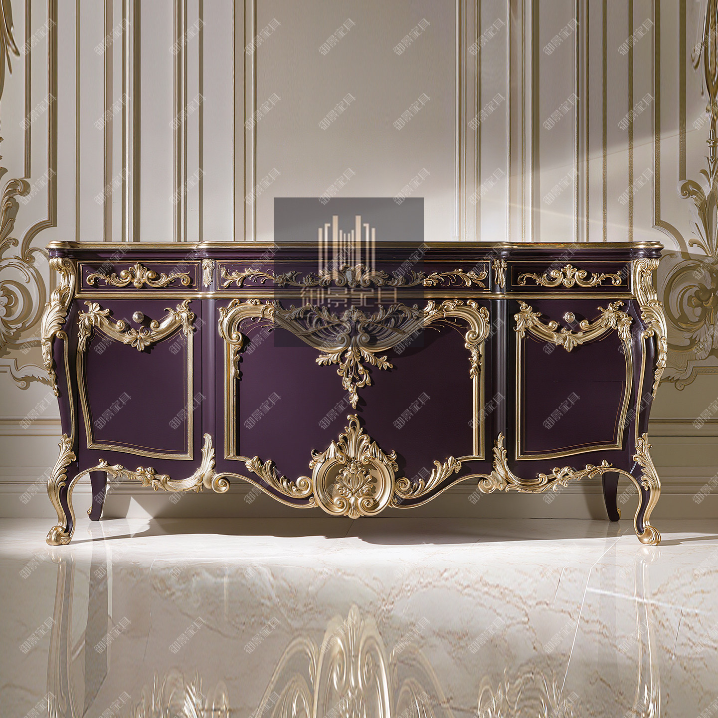 法式实木餐边柜欧式金箔靠墙紫色储物收纳柜收藏柜边柜靠墙玄关柜