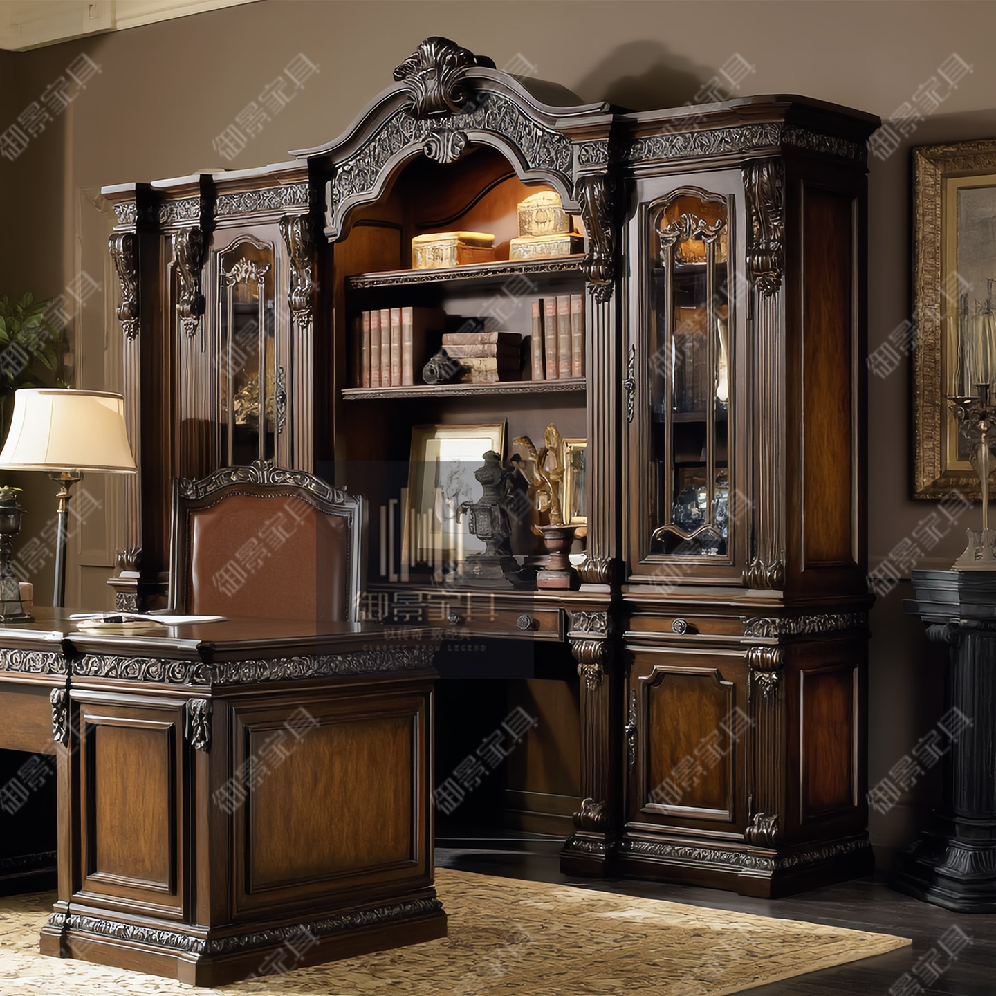 美式实木书柜组合欧式复古雕花一体书桌柜书房展示柜储物装饰柜子