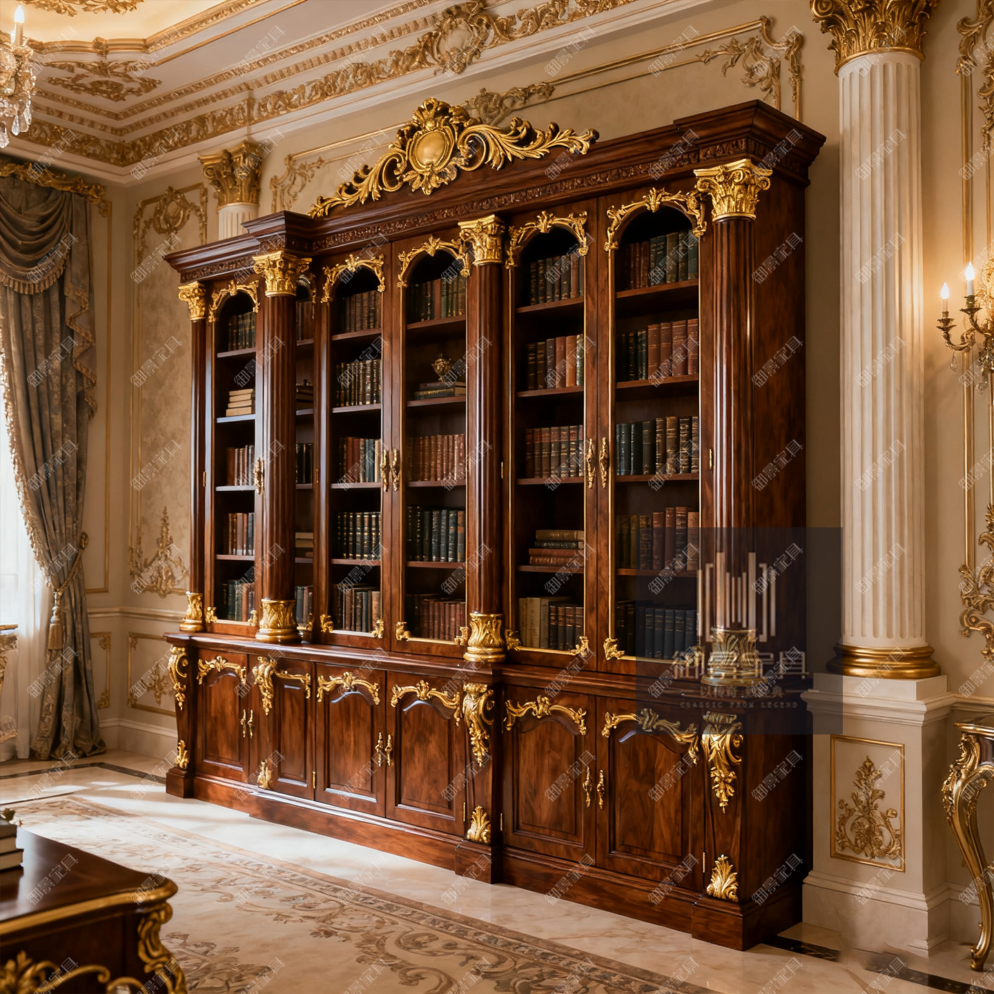 美式实木书架欧式复古雕花书柜