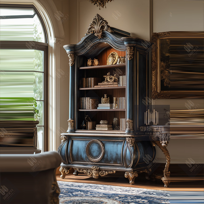 哥特风实木书柜欧式书架雕花展示柜仿古蓝做旧陶瓷古典茶叶柜定制