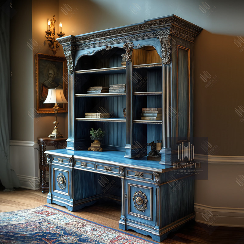 哥特风组合书桌柜仿古蓝做旧古典书柜美式书房连体书架展示架定制
