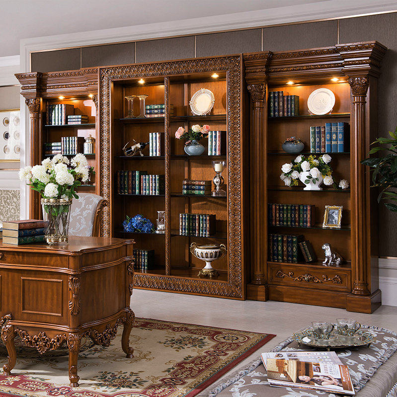 欧式高档组合书柜美式整体橱柜展示柜雕花设计柜子樱桃色家具定制
