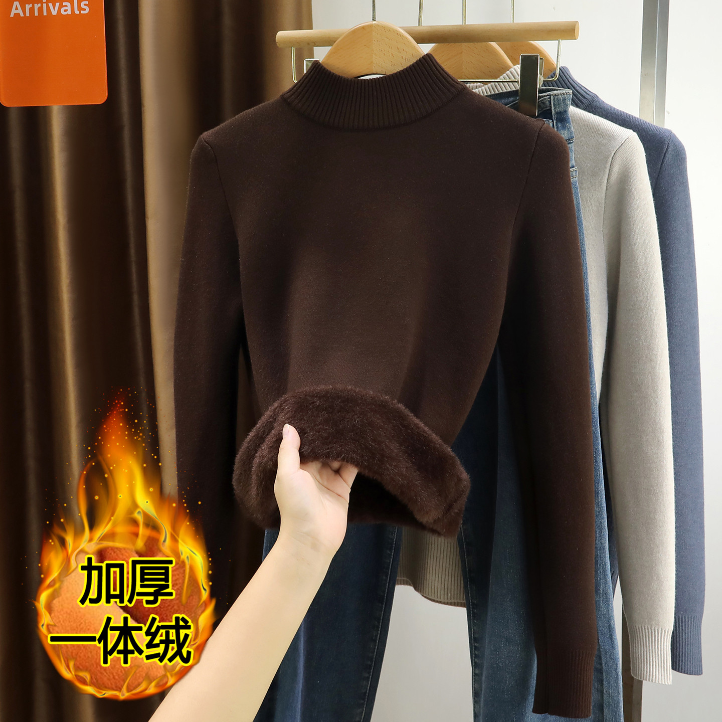 秋冬半高领毛衣女加绒加厚一体绒