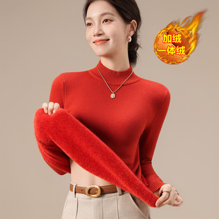 秋冬半高领一体绒毛衣女加绒加厚打底针织衫内搭保暖大码上衣外穿