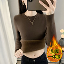 保暖上衣 秋冬季 加绒加厚毛衣女一体绒圆领内搭打底针织衫 修身 大码