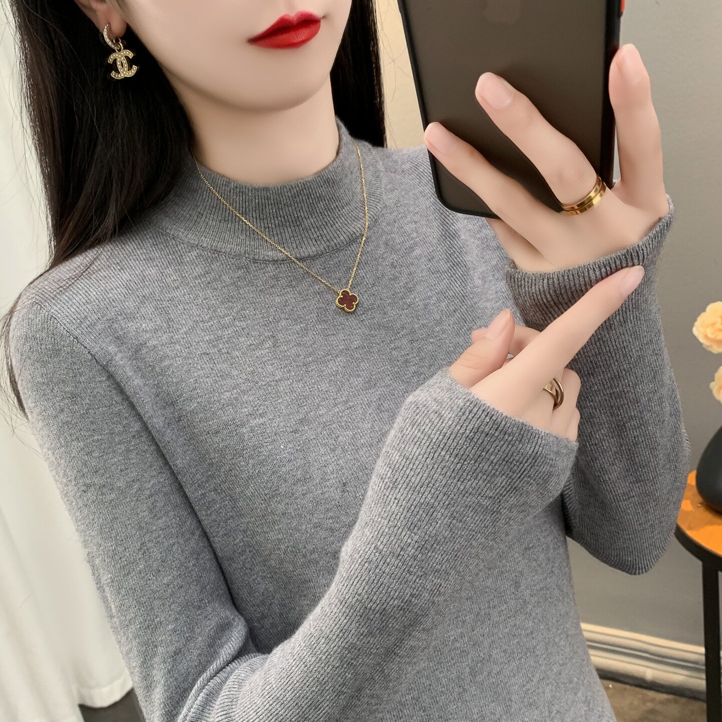 半高领毛衣女秋冬修身显瘦打底衫灰色针织衫内搭保暖气质长袖上衣