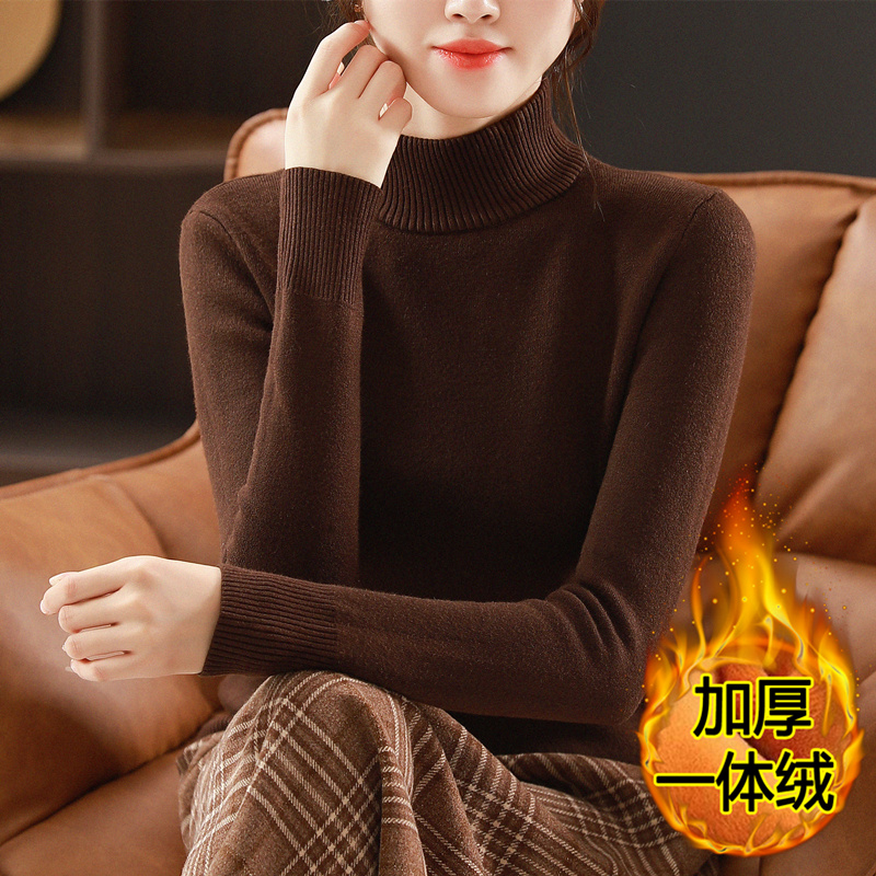 秋冬一体绒毛衣女加绒加厚打底衫大码长袖半高领套头针织保暖上衣