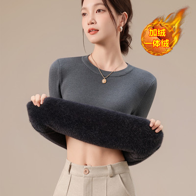 秋冬季圆领加绒毛衣女加厚一体绒内搭打底针织衫大码修身显瘦上衣