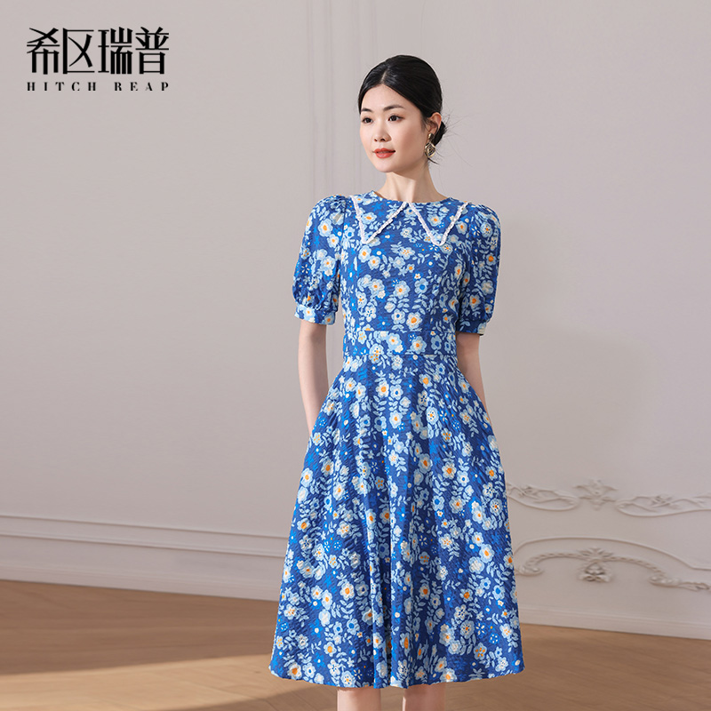 希区瑞普高端碎花印花连衣裙女夏季新款气质收腰显瘦纯棉伞裙中长