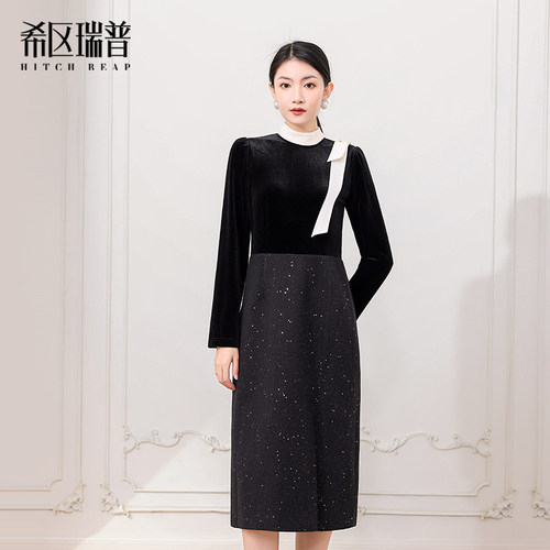 希区法式复古丝绒收腰飘带连衣裙