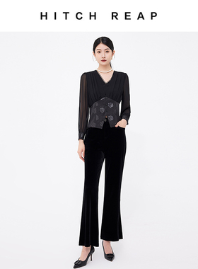 希区瑞普黑色丝绒高腰喇叭裤女修身显瘦显高气质休闲裤女神裤子