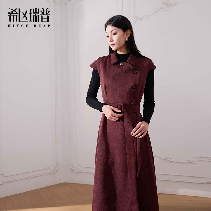 希区瑞普原创设计品牌2025秋冬新包袖双排扣连衣裙优雅风衣裙修身