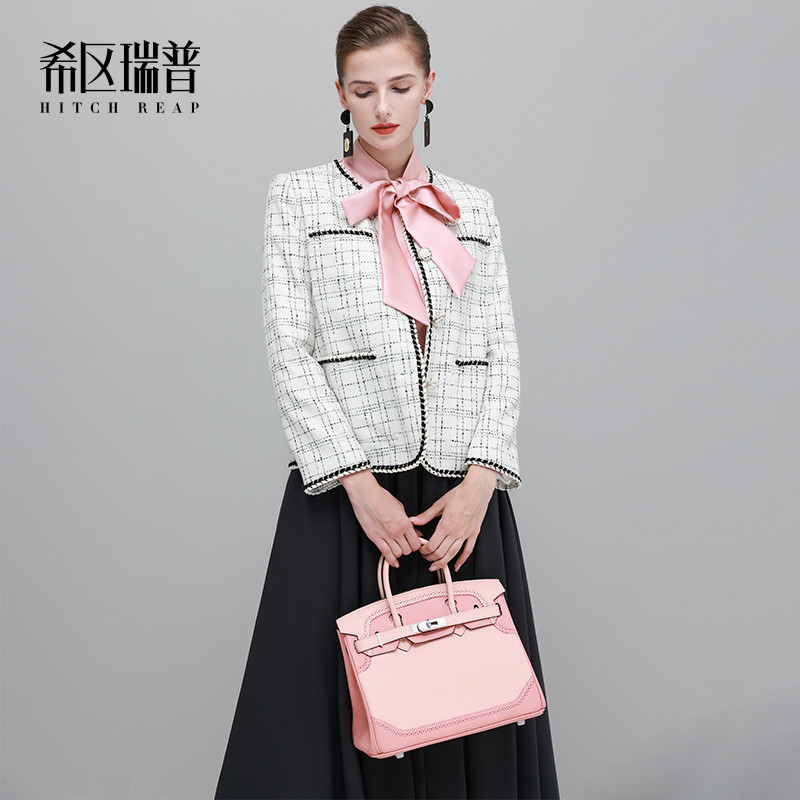 希区瑞普春夏个性时尚小香风黑白格纹粗花呢别致外套