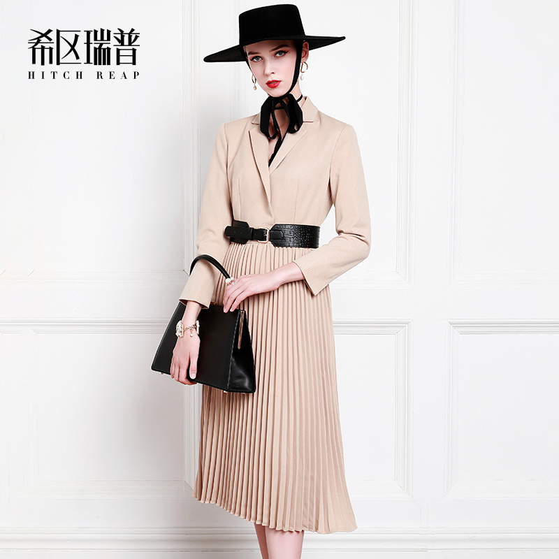 希区瑞普连衣裙百褶宴会驼色